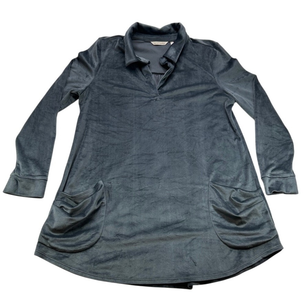 Soft Surroundings Charcoal Gray Velour Tunic Shirt Dress Pockets Collared Size L